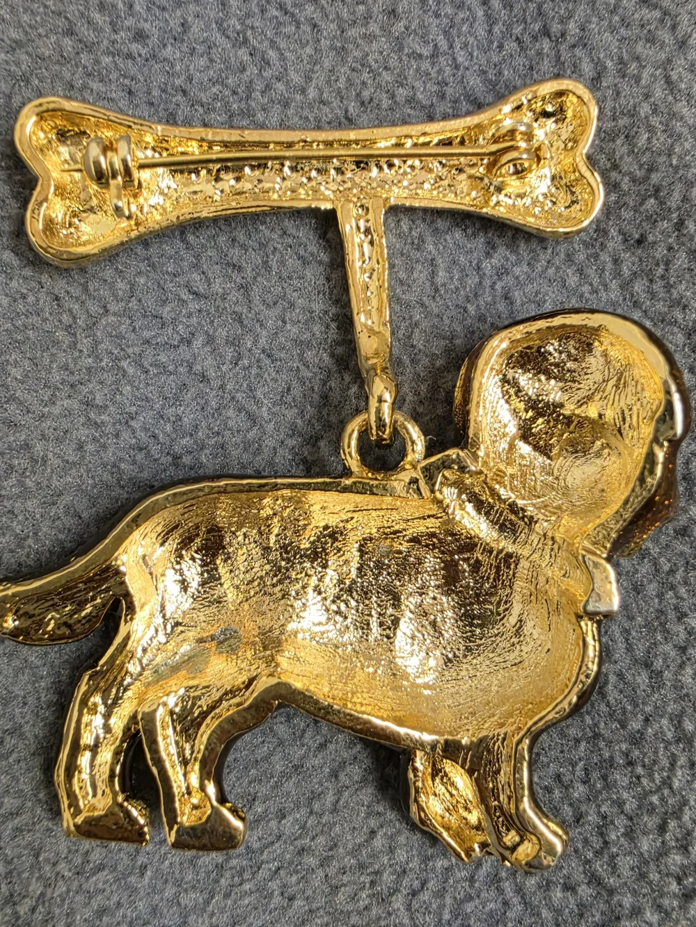 Brown Puppy Dog Bone Dangle Brooch Gold Tone Rhinestone Collar Pin New